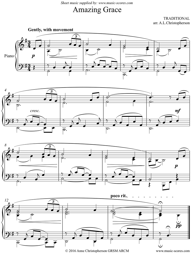 Traditional Amazing Grace Piano Classical Sheet Music