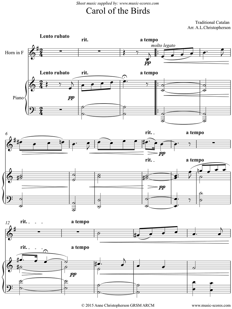 Front page of Carol of the Birds: Horn and Piano sheet music