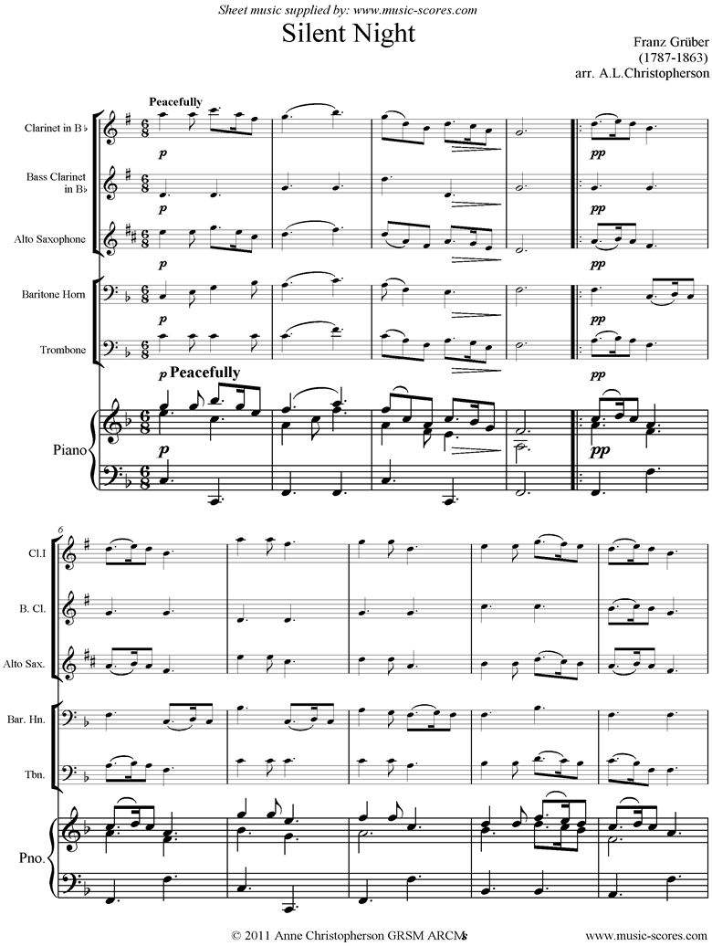 Front page of Silent Night, Holy Night: Clarinet, Alto Sax, Bass Clarinet, Baritone Horn, Trombone, Piano sheet music